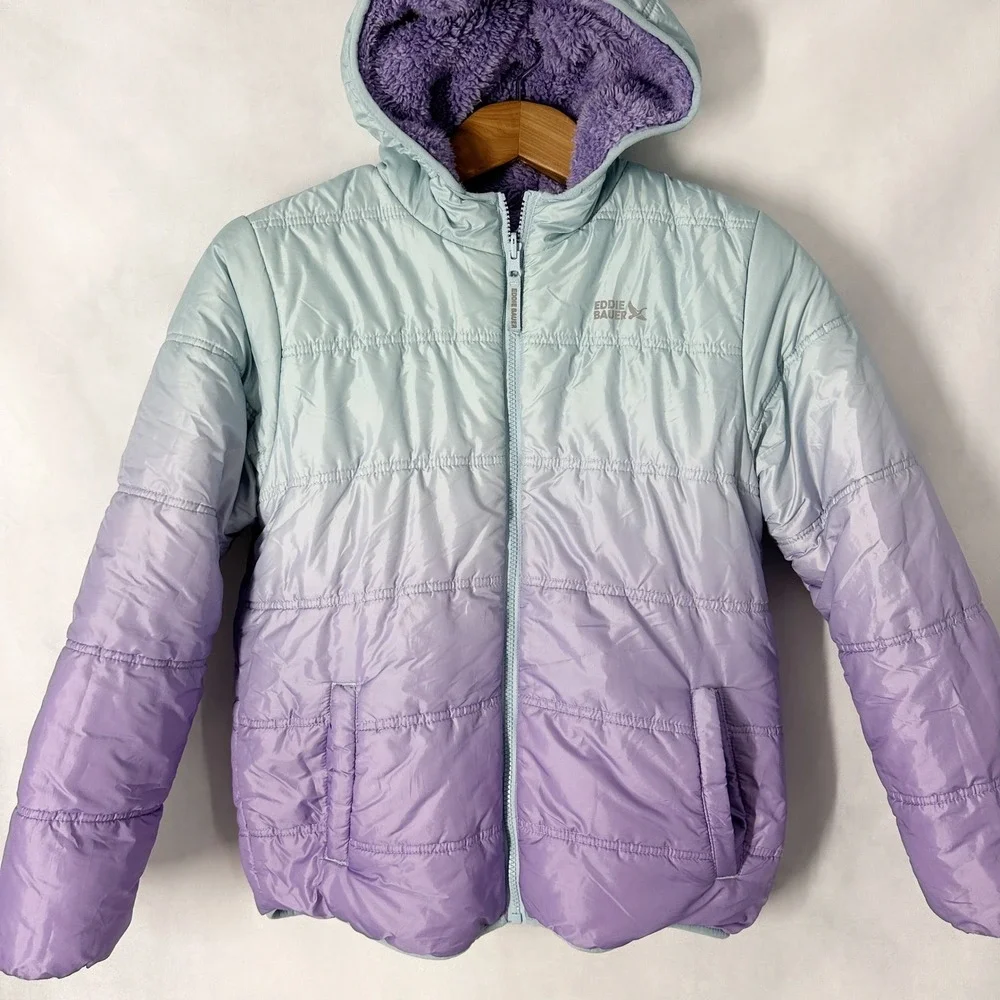 Eddie Bauer Reversible Ombre Blue Purple Puffer Fleece Jacket Kids Large 14/16